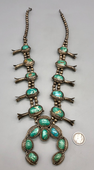 1970s turquoise and sterling silver squash blossom necklace, leaf applique, silver dots, twisted wire, handmade beads