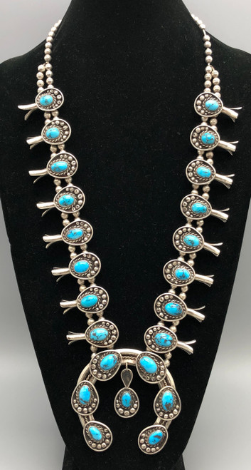vintage squash blossom necklace with nice turquoise, Persian turquoise, twisted wire, silver dots, foxtail wire