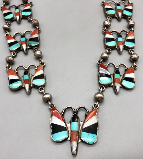 vintage butterfly inlay necklace, inlay of turquoise, coral, mother of pearl, onyx, link chain