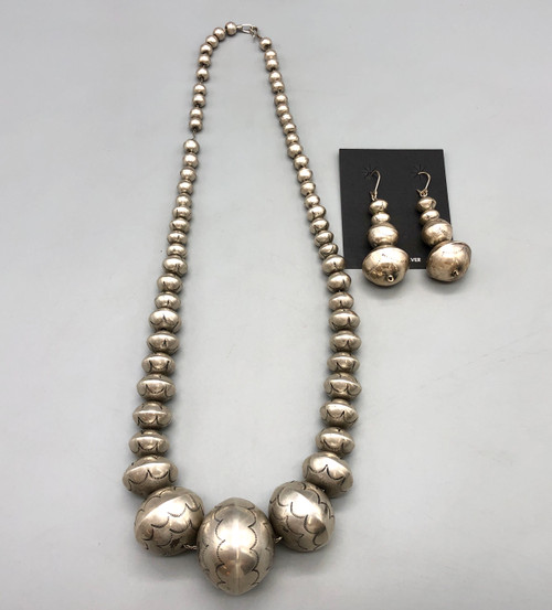 statement piece sterling silver, stamped bead necklace with earrings, graduated sterling silver beads, handmade, link chain