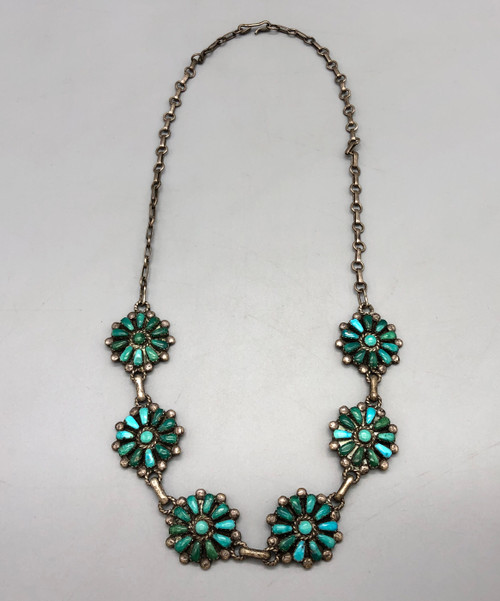 vintage Zuni turquoise cluster necklace, handmade sawtooth bezels, varies in color, link chain