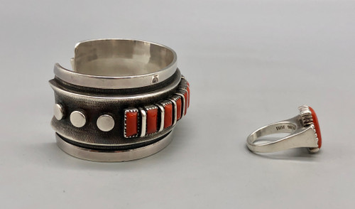 coral ring and bracelet set by award winning artist, Julian Lovato, sawtooth bezels, smooth silver dots and deep grooves in the silver