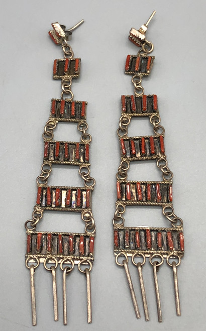 pair of vintage coral chandelier earrings, chandelier design with coral cabochons in handmade sawtooth bezels, silver dangles