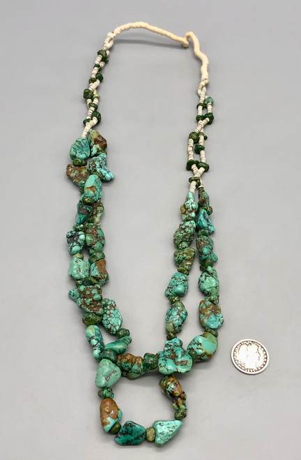 vintage two-strand turquoise and heishi necklace, chunks of natural turquoise, nice heishi, conjoined with a Pueblo wrap