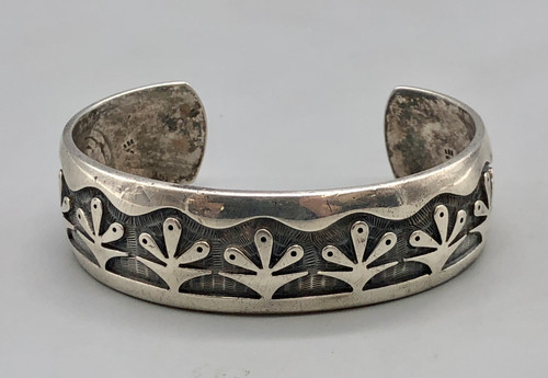 Bernard Dawahoya sterling silver overlay bracelet, plant themed overlay design, accented with an intricate stippling technique