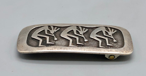 sterling silver Kokopelli themed overlay belt buckle by Hopi artist, Bernard Dawahoya, Kokopelli overlay design