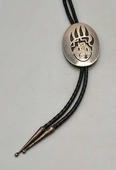 sterling silver overlay bolo tie by award winning Hopi artist, Victor Coochwytewa, bear paw and Pueblo themed overlay