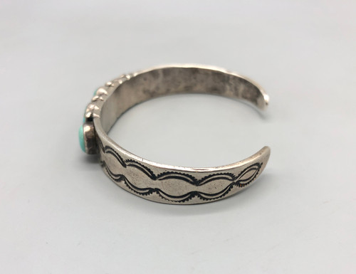 1920-1930s row turquoise ingot bracelet, 5 turquoise cabochons with silver dot accents in between, ingot silver