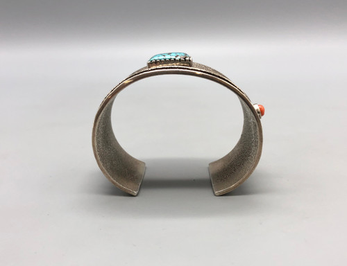 nice tufa cast Edison Cummings bracelet, turquoise cabochon, small coral cabochon, textured cuff