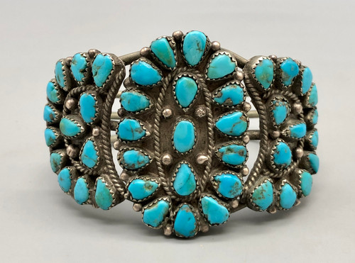vintage cluster bracelet, 44 petit point turquoise cabochons in handmade sawtooth bezels, twisted wire, silver dots