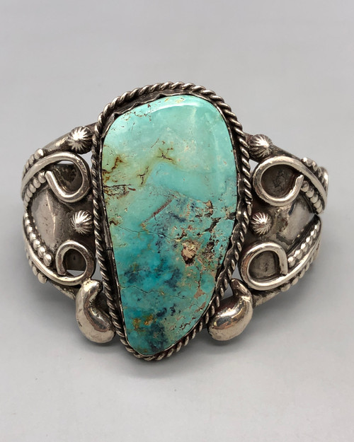 natural Stormy Mountain turquoise bracelet, sawtooth bezel, loops and dots of silver, sterling silver