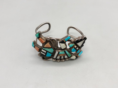 vintage Rainbowman inlay bracelet, Zuni style inlay in a Rainbowman design with turquoise, spiny oyster, mother of pearl, and onyx