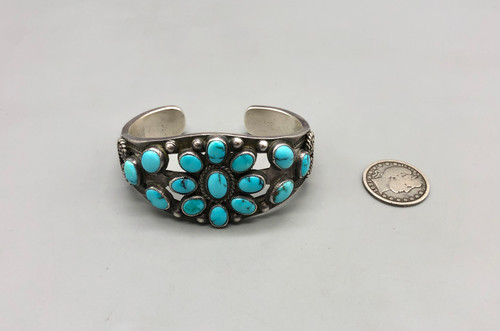 circa 1920's ingot cluster turquoise bracelet, 15 highly attractive turquoise cabochons, loops of twisted wire, silver dots, ingot silver