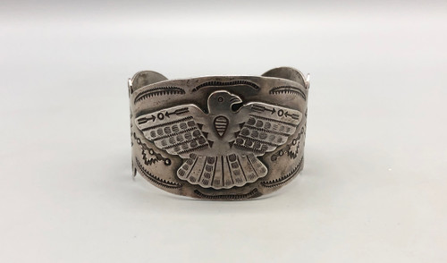 vintage sterling silver thunderbird theme bracelet, thunderbird themed silver applique, intricate hand stamped designs