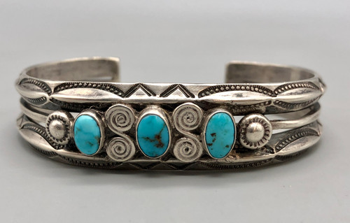 1930s-1940s three-stone handmade bracelet, three turquoise cabochons with intricate loops of silver in between and silver dots