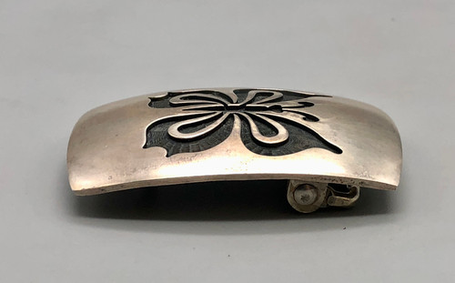 Bernard Dawahoya butterfly overlay belt buckle, neat stippled and darkened background, sterling silver, Hopi overlay