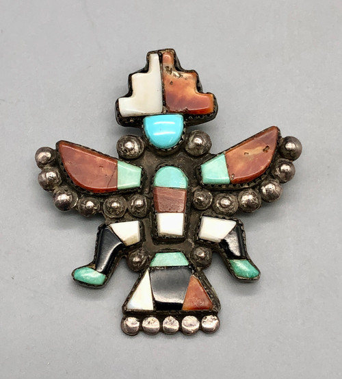 vintage inlay Knifewing pin, inlay of turquoise, shell, onyx, and coral, accented with silver dots