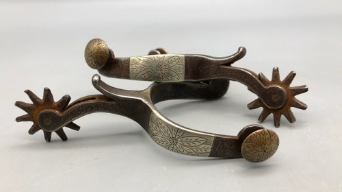 Canon City spurs, silver mounted, brass button covers
