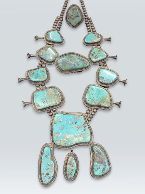Giant squash blossom necklace, ring and bracelet, handmade bezels with twisted wire accents and hand stamped designs, Albuquerque estate