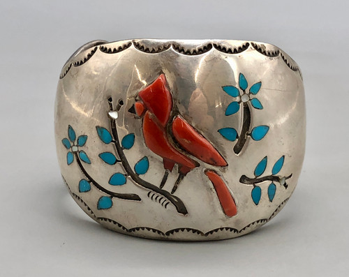 vintage cardinal inlay bracelet, raised pictorial inlay of coral and turquoise