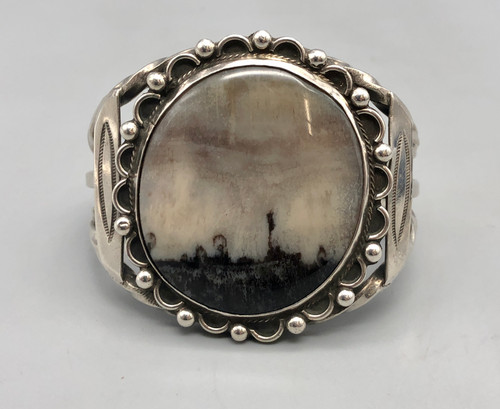 1940s moss agate sterling silver bracelet, silverwork of dots, twisted wire, and hand stamped designs.