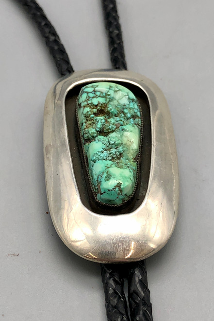 circa 1970's great turquoise bolo tie, rustic-cut green turquoise, shadowbox style