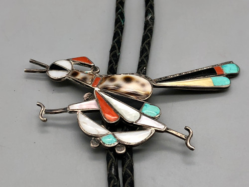 vintage road runner theme inlay bolo tie, shell, coral, turquoise, onyx, and mother of pearl inlay