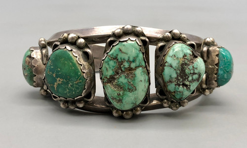 vintage five stone natural turquoise bracelet, handmade bezels, and accented with silver beads