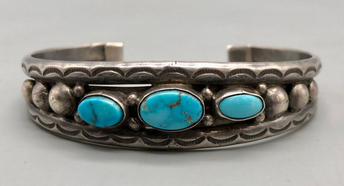 vintage 3 stone sterling silver bracelet,  silver beads, decorative dots, and hand stamped embellishments