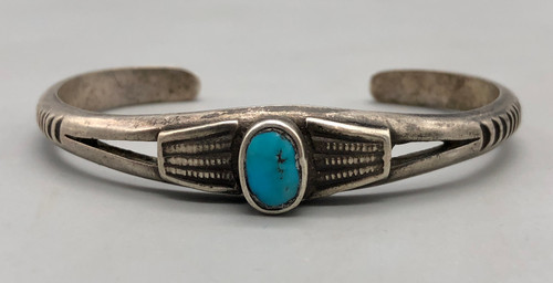 vintage handmade sterling silver and turquoise bracelet, intricate hand stamped designs and silver geometric applique