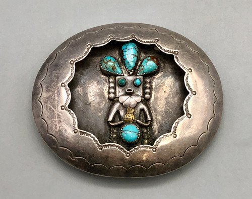 shadowbox kachina themed belt buckle, six turquoise cabochons