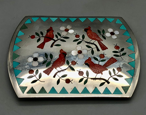 large inlay belt buckle by Sam and Esther Guardian, coral inlay birds