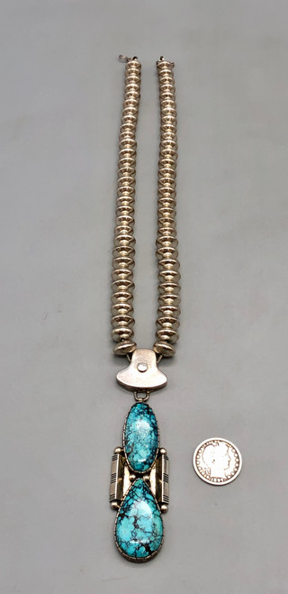 sterling silver and turquoise necklace by Jefferson Abeyta, two large high-grade turquoise cabochons