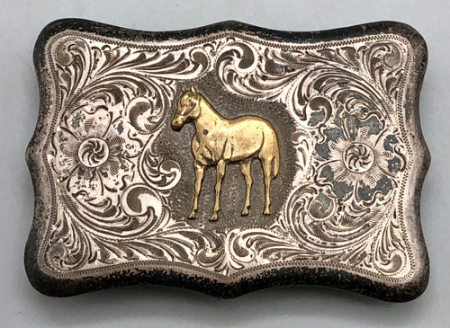 sterling silver belt buckle with horse, intricate etched designs