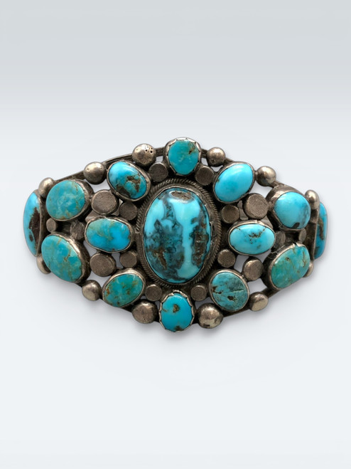 1930s hefty turquoise cluster bracelet, hand-pulled wire, coin silver