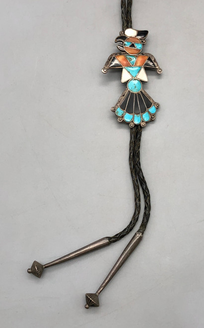 thunderbird design set with lovely turquoise, coral, mother of pearl, and onyx