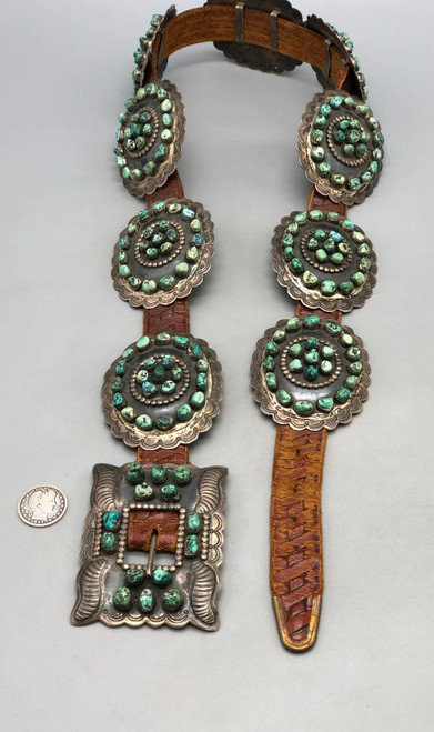 natural turquoise cluster concho belt,  nine hand stamped oval conchos, nice repousse bump-outs