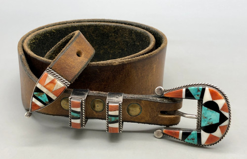 multi-stone inlay belt buckle set,  mosaic inlay in turquoise, deep orange spiny oyster, onyx and shell inlay