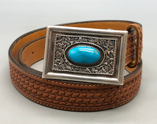 turquoise and sterling silver belt buckle with nice leather belt