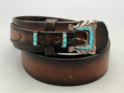 vintage turquoise inlay belt buckle set with belt, inlay work is highlighted with hand stamped designs and filework