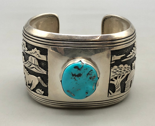 storyteller overlay and turquoise bracelet by Tommy Singer, large turquoise cabochon, stunning bracelet features horses in a landscape design