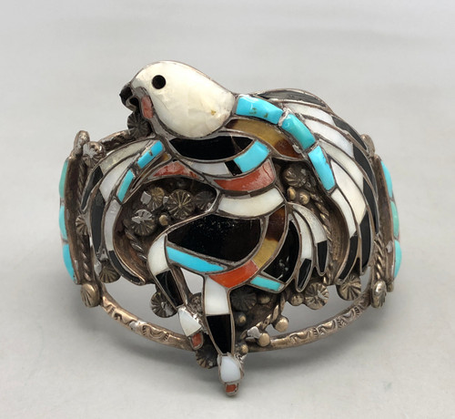 vintage multi-stone inlay bracelet, pictorial inlay Eagle Dancer design, accents of twisted wire, hand stamped designs, and silver dots, three wire terminal