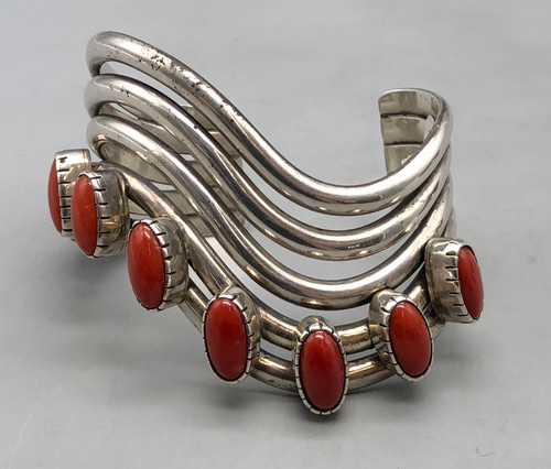 coral cuff bracelet, award winning artist Na Na Ping, modernistic wave design, 8 coral cabochons, handmade bezels