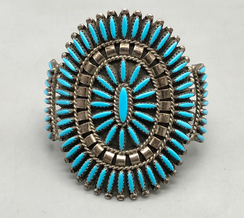 vintage needlepoint, cluster of turquoise needle point cabochons, twisted wire, silver dot accents