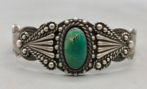 natural turquoise, sterling silver bracelet, turquoise cabochon,  smooth bezel, hand stamped designs, twisted wire, silver dots, silver applique, solid cuff