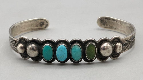 1930s era, 4 turquoise stones, hand stamped, silver dots