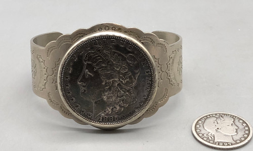 1885 Morgan Silver Dollar, cut out cuff, central setting, vintage