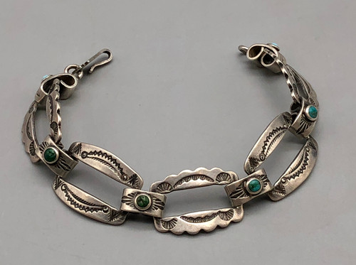 1930s era, turquoise and silver, link bracelet,  hand stamped designs