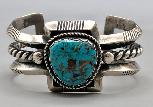 Morenci turquoise, deep and stamped designs, three wire terminal, vintage