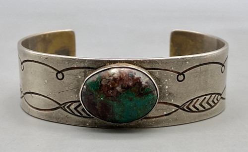 sterling silver and turquoise, central natural turquoise, smooth silver cuff, hand stamped designs